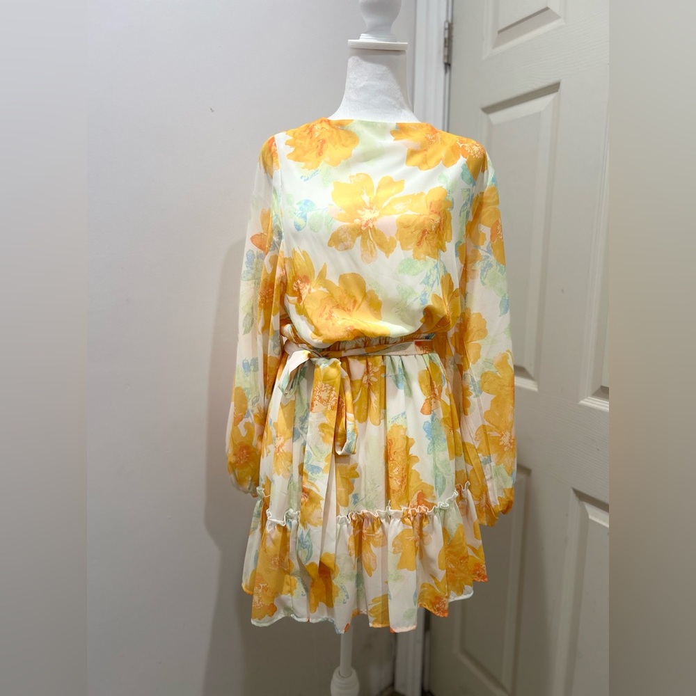 Elegant Floral Long Sleeve Dress in Orange and Green
